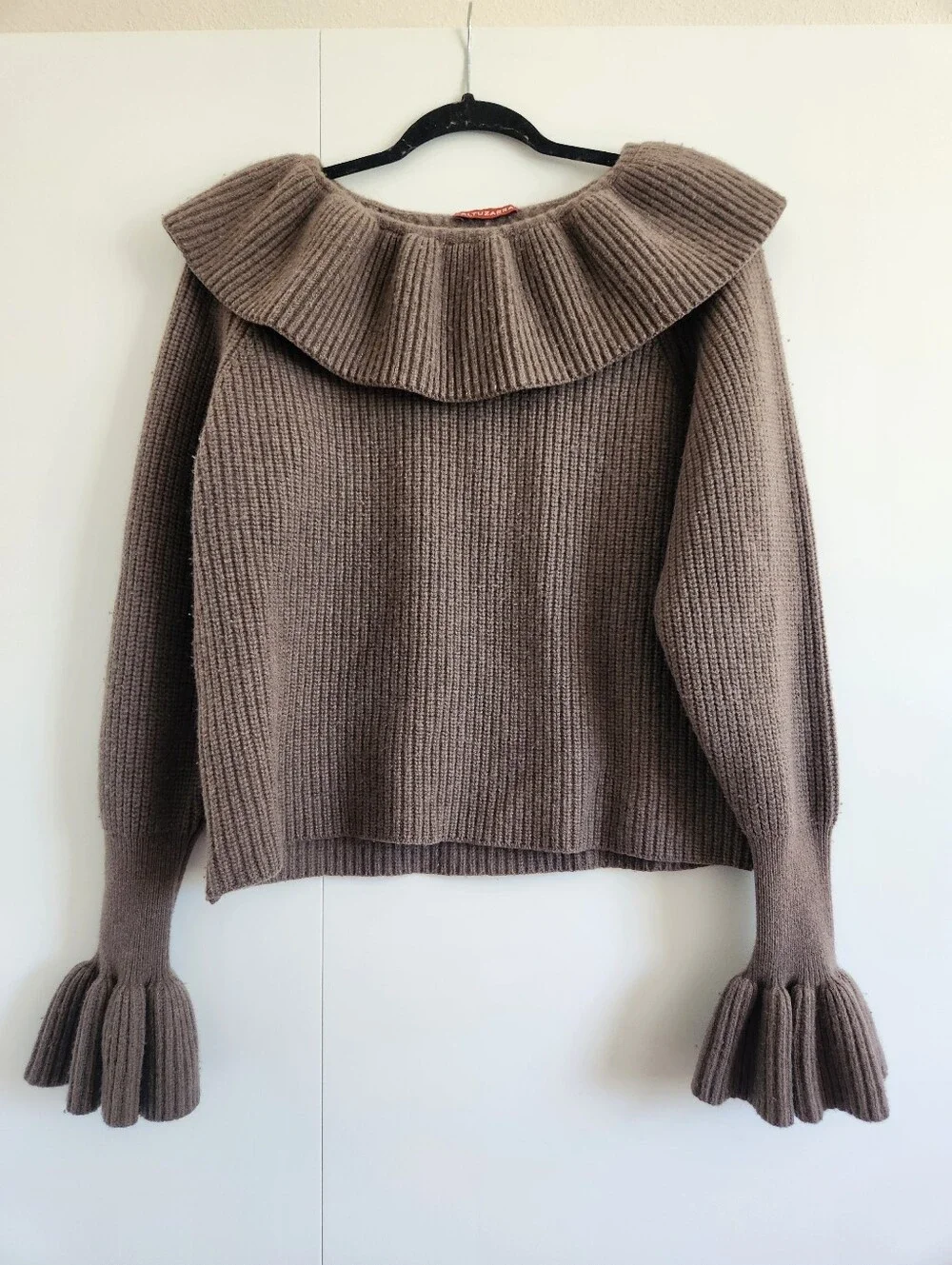 Altuzarra 100% Ella Merino Wool Ruffle Collar Sweater Brown Balloon Sleeve M